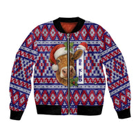 Cow in Santa Hat Be Kind Message Bomber Jacket with Red Blue Knit Pattern Design - Wonder Print Shop