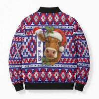 Cow in Santa Hat Be Kind Message Bomber Puffer Jacket with Red Blue Knit Pattern Design - Wonder Print Shop