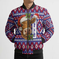 Cow in Santa Hat Be Kind Message Bomber Puffer Jacket with Red Blue Knit Pattern Design - Wonder Print Shop