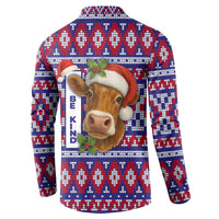Cow in Santa Hat Be Kind Message Button Sweatshirt with Red Blue Knit Pattern Design - Wonder Print Shop