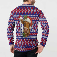 Cow in Santa Hat Be Kind Message Button Sweatshirt with Red Blue Knit Pattern Design - Wonder Print Shop