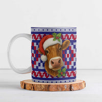 Cow in Santa Hat Be Kind Message Ceramic Mug with Red Blue Knit Pattern Design - Wonder Print Shop