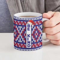 Cow in Santa Hat Be Kind Message Ceramic Mug with Red Blue Knit Pattern Design - Wonder Print Shop