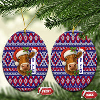 Cow in Santa Hat Be Kind Message Ceramic Ornament with Red Blue Knit Pattern Design - Wonder Print Shop