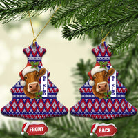 Cow in Santa Hat Be Kind Message Ceramic Ornament with Red Blue Knit Pattern Design - Wonder Print Shop