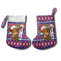 Cow in Santa Hat Be Kind Message Christmas Stocking with Red Blue Knit Pattern Design - Wonder Print Shop