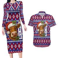 Cow in Santa Hat Be Kind Message Couples Matching Long Sleeve Bodycon Dress and Hawaiian Shirt with Red Blue Knit Pattern Design - Wonder Print Shop