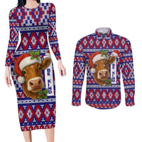 Cow in Santa Hat Be Kind Message Couples Matching Long Sleeve Bodycon Dress and Long Sleeve Button Shirt with Red Blue Knit Pattern Design - Wonder Print Shop