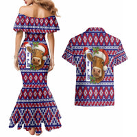 Cow in Santa Hat Be Kind Message Couples Matching Mermaid Dress and Hawaiian Shirt with Red Blue Knit Pattern Design - Wonder Print Shop