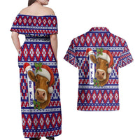 Cow in Santa Hat Be Kind Message Couples Matching Off Shoulder Maxi Dress and Hawaiian Shirt with Red Blue Knit Pattern Design - Wonder Print Shop