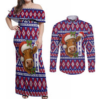 Cow in Santa Hat Be Kind Message Couples Matching Off Shoulder Maxi Dress and Long Sleeve Button Shirt with Red Blue Knit Pattern Design - Wonder Print Shop