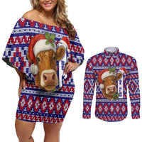 Cow in Santa Hat Be Kind Message Couples Matching Off Shoulder Short Dress and Long Sleeve Button Shirt with Red Blue Knit Pattern Design - Wonder Print Shop