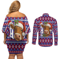 Cow in Santa Hat Be Kind Message Couples Matching Off Shoulder Short Dress and Long Sleeve Button Shirt with Red Blue Knit Pattern Design - Wonder Print Shop