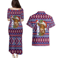 Cow in Santa Hat Be Kind Message Couples Matching Puletasi and Hawaiian Shirt with Red Blue Knit Pattern Design - Wonder Print Shop