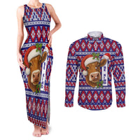 Cow in Santa Hat Be Kind Message Couples Matching Tank Maxi Dress and Long Sleeve Button Shirt with Red Blue Knit Pattern Design - Wonder Print Shop