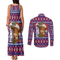 Cow in Santa Hat Be Kind Message Couples Matching Tank Maxi Dress and Long Sleeve Button Shirt with Red Blue Knit Pattern Design - Wonder Print Shop