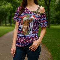 Cow in Santa Hat Be Kind Message Cross Shoulder Shirt with Red Blue Knit Pattern Design - Wonder Print Shop