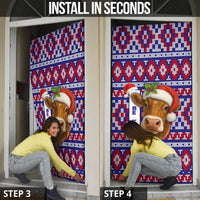 Cow in Santa Hat Be Kind Message Door Cover with Red Blue Knit Pattern Design - Wonder Print Shop