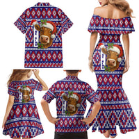 Cow in Santa Hat Be Kind Message Family Matching Mermaid Dress and Hawaiian Shirt with Red Blue Knit Pattern Design - Wonder Print Shop
