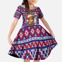 Cow in Santa Hat Be Kind Message Family Matching Off The Shoulder Long Sleeve Dress and Hawaiian Shirt with Red Blue Knit Pattern Design - Wonder Print Shop