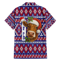 Cow in Santa Hat Be Kind Message Family Matching Off The Shoulder Long Sleeve Dress and Hawaiian Shirt with Red Blue Knit Pattern Design - Wonder Print Shop