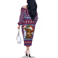 Cow in Santa Hat Be Kind Message Family Matching Off The Shoulder Long Sleeve Dress and Hawaiian Shirt with Red Blue Knit Pattern Design - Wonder Print Shop