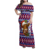 Cow in Santa Hat Be Kind Message Family Matching Off Shoulder Maxi Dress and Hawaiian Shirt with Red Blue Knit Pattern Design - Wonder Print Shop
