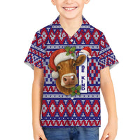 Cow in Santa Hat Be Kind Message Family Matching Off Shoulder Maxi Dress and Hawaiian Shirt with Red Blue Knit Pattern Design - Wonder Print Shop