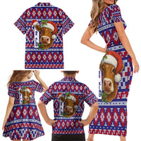 Cow in Santa Hat Be Kind Message Family Matching Short Sleeve Bodycon Dress and Hawaiian Shirt with Red Blue Knit Pattern Design - Wonder Print Shop