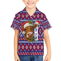 Cow in Santa Hat Be Kind Message Family Matching Short Sleeve Bodycon Dress and Hawaiian Shirt with Red Blue Knit Pattern Design - Wonder Print Shop