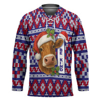 Cow in Santa Hat Be Kind Message Hockey Jersey with Red Blue Knit Pattern Design - Wonder Print Shop