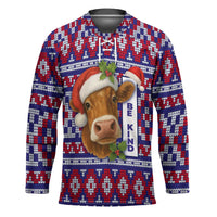 Cow in Santa Hat Be Kind Message Hockey Jersey with Red Blue Knit Pattern Design - Wonder Print Shop
