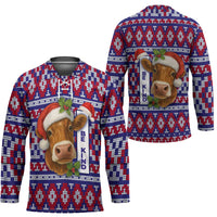 Cow in Santa Hat Be Kind Message Hockey Jersey with Red Blue Knit Pattern Design - Wonder Print Shop