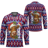 Cow in Santa Hat Be Kind Message Hockey Jersey with Red Blue Knit Pattern Design - Wonder Print Shop