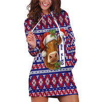 Cow in Santa Hat Be Kind Message Hoodie Dress with Red Blue Knit Pattern Design - Wonder Print Shop