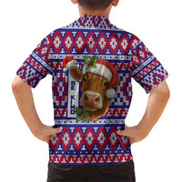 Cow in Santa Hat Be Kind Message Kid Hawaiian Shirt with Red Blue Knit Pattern Design - Wonder Print Shop