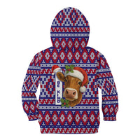 Cow in Santa Hat Be Kind Message Kid Hoodie with Red Blue Knit Pattern Design - Wonder Print Shop