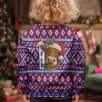 Cow in Santa Hat Be Kind Message Kid Ugly Christmas Sweater with Red Blue Knit Pattern Design - Wonder Print Shop