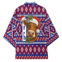 Cow in Santa Hat Be Kind Message Kimono with Red Blue Knit Pattern Design - Wonder Print Shop