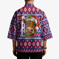Cow in Santa Hat Be Kind Message Kimono with Red Blue Knit Pattern Design - Wonder Print Shop