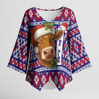 Cow in Santa Hat Be Kind Message Kimono Sleeve Blouse with Red Blue Knit Pattern Design - Wonder Print Shop