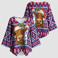 Cow in Santa Hat Be Kind Message Kimono Sleeve Blouse with Red Blue Knit Pattern Design - Wonder Print Shop