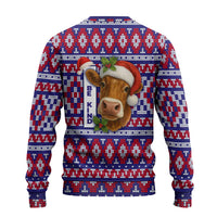 Cow in Santa Hat Be Kind Message Ugly Christmas Sweater with Red Blue Knit Pattern Design - Wonder Print Shop