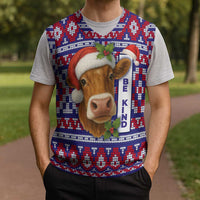 Cow in Santa Hat Be Kind Message Christmas Knitted V-Neck Vest with Red Blue Knit Pattern Design - Wonder Print Shop