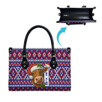 Cow in Santa Hat Be Kind Message Leather Bag with Red Blue Knit Pattern Design - Wonder Print Shop