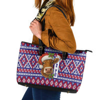 Cow in Santa Hat Be Kind Message Leather Tote Bag with Red Blue Knit Pattern Design - Wonder Print Shop