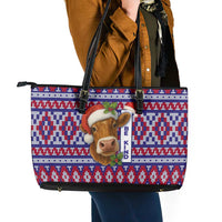 Cow in Santa Hat Be Kind Message Leather Tote Bag with Red Blue Knit Pattern Design - Wonder Print Shop