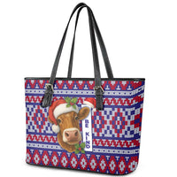 Cow in Santa Hat Be Kind Message Leather Tote Bag with Red Blue Knit Pattern Design - Wonder Print Shop