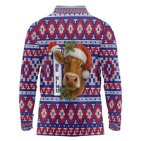 Cow in Santa Hat Be Kind Message Long Sleeve Polo Shirt with Red Blue Knit Pattern Design - Wonder Print Shop