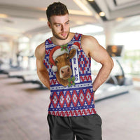 Cow in Santa Hat Be Kind Message Men Tank Top with Red Blue Knit Pattern Design - Wonder Print Shop